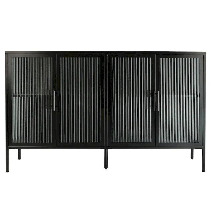 Bahut de cuisine 4 portes vitrées en verre trempé avec étagères et pieds réglables, anti-basculement, anti-poussière, en verre cannelé