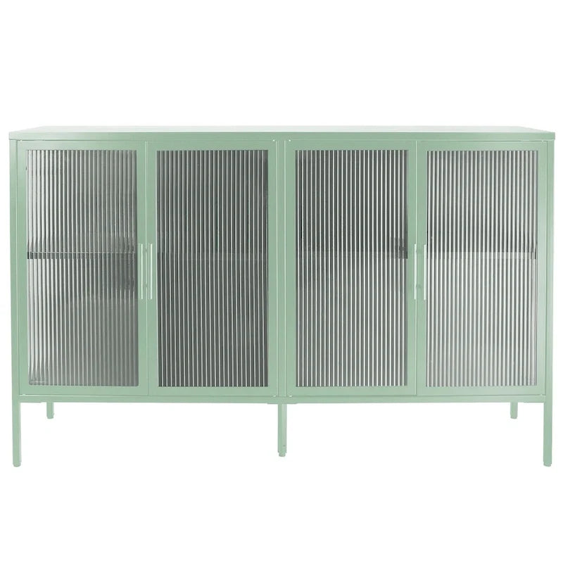 Bahut de cuisine 4 portes vitrées en verre trempé avec étagères et pieds réglables, anti-basculement, anti-poussière, en verre cannelé