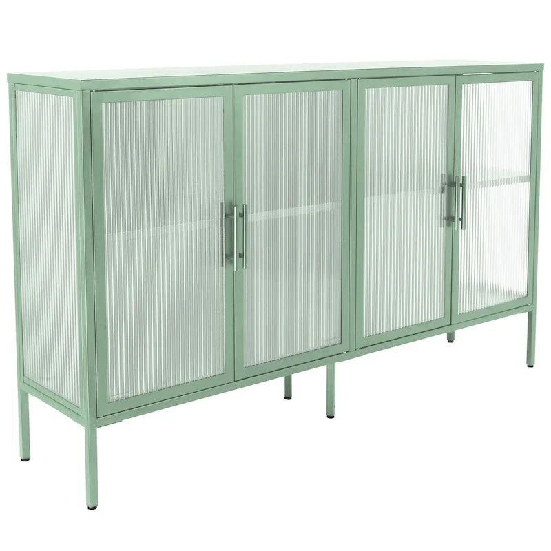 Bahut de cuisine 4 portes vitrées en verre trempé avec étagères et pieds réglables, anti-basculement, anti-poussière, en verre cannelé