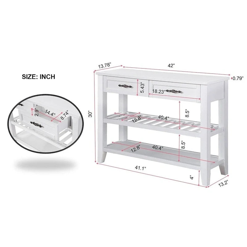Table de canapé en bois 42 pouces avec 2 tiroirs de rangement et 2 étagères