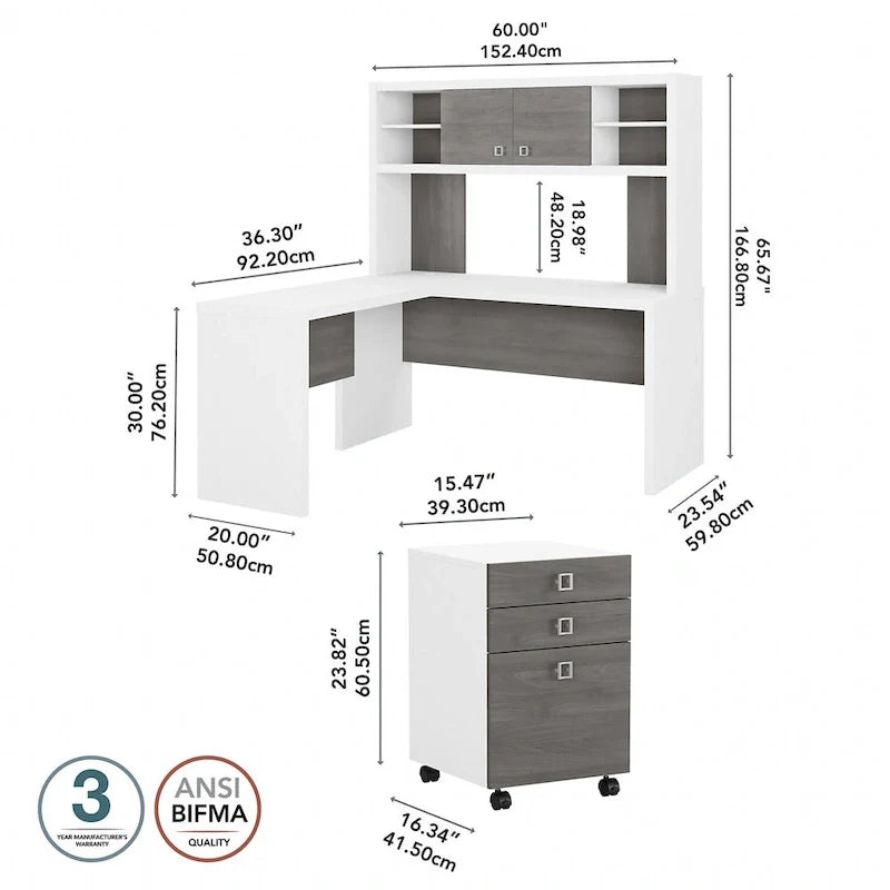 Bureau en L avec huche et tiroirs