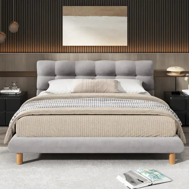 Lit plateforme rembourré Queen Size, cadre de lit capitonné moderne avec tête de lit en forme de biscuit pour chambre d'amis et chambre à coucher