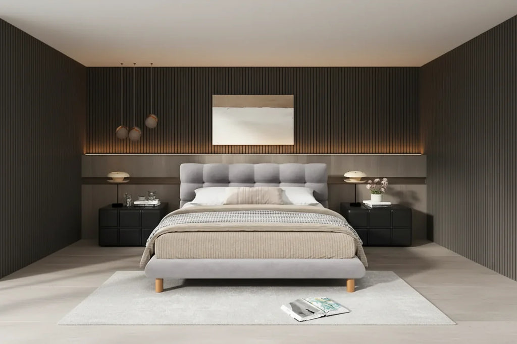 Queen Size Upholstered Platform Bed Modern Tufted Bed Frame with Cookie-Shaped Headboard for Guest Room and Bedroom
