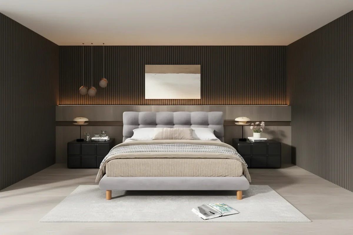 Queen Size Upholstered Platform Bed Modern Tufted Bed Frame with Cookie-Shaped Headboard for Guest Room and Bedroom