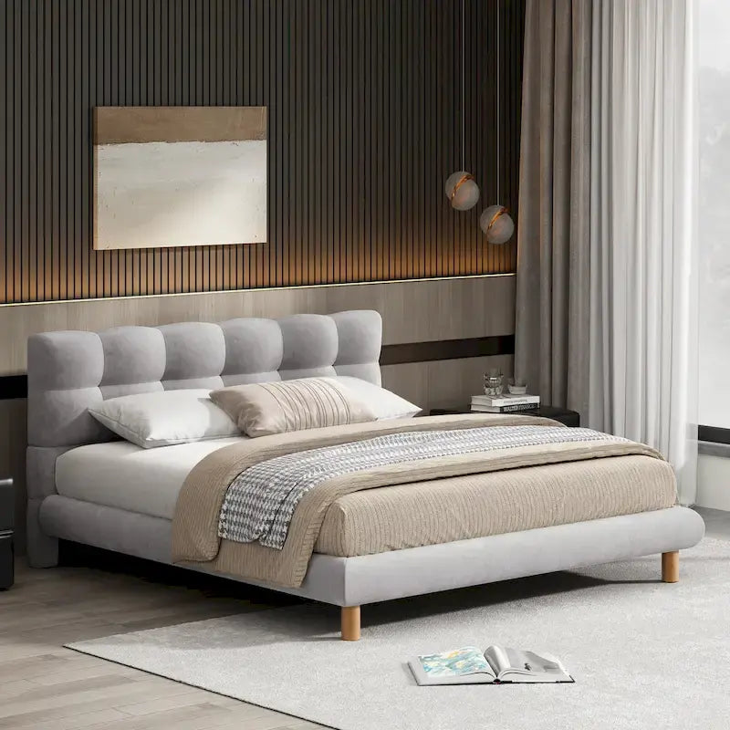 Lit plateforme rembourré Queen Size, cadre de lit capitonné moderne avec tête de lit en forme de biscuit pour chambre d'amis et chambre à coucher