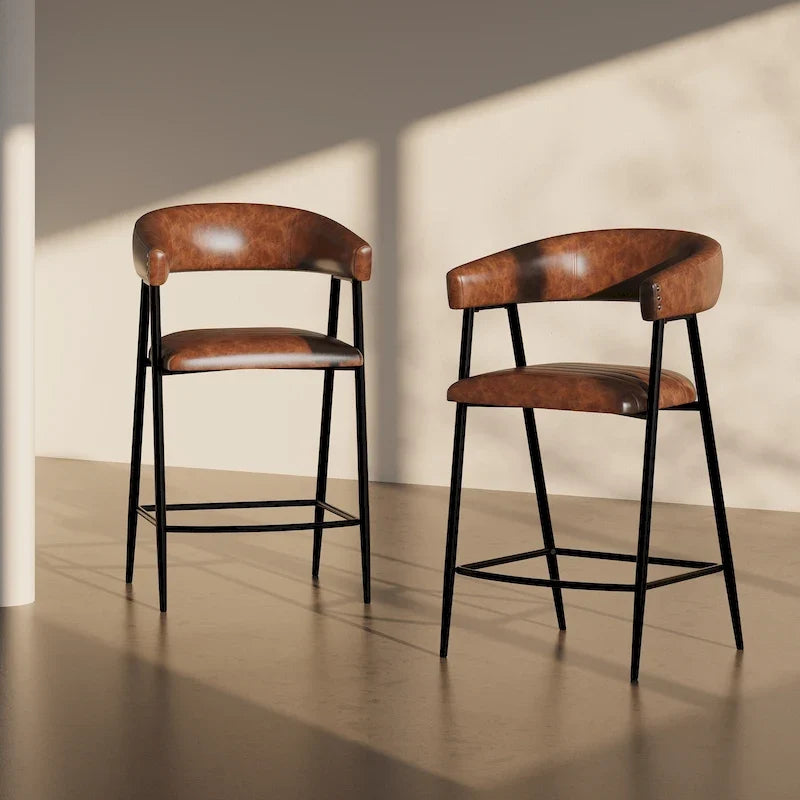 26 tabourets de comptoir rembourrés en polyuréthane, lot de 2 chaises de bar avec structure en fer, dossier, repose-pieds et accoudoirs, marron