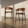 26 tabourets de comptoir rembourrés en polyuréthane, lot de 2 chaises de bar avec structure en fer, dossier, repose-pieds et accoudoirs, marron