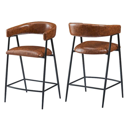 26 tabourets de comptoir rembourrés en polyuréthane, lot de 2 chaises de bar avec structure en fer, dossier, repose-pieds et accoudoirs, marron