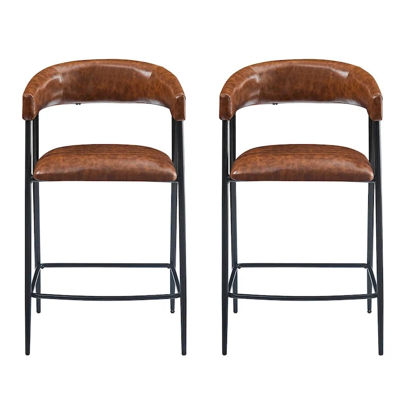 26 tabourets de comptoir rembourrés en polyuréthane, lot de 2 chaises de bar avec structure en fer, dossier, repose-pieds et accoudoirs, marron