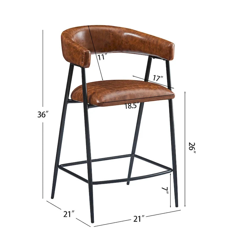 26 tabourets de comptoir rembourrés en polyuréthane, lot de 2 chaises de bar avec structure en fer, dossier, repose-pieds et accoudoirs, marron