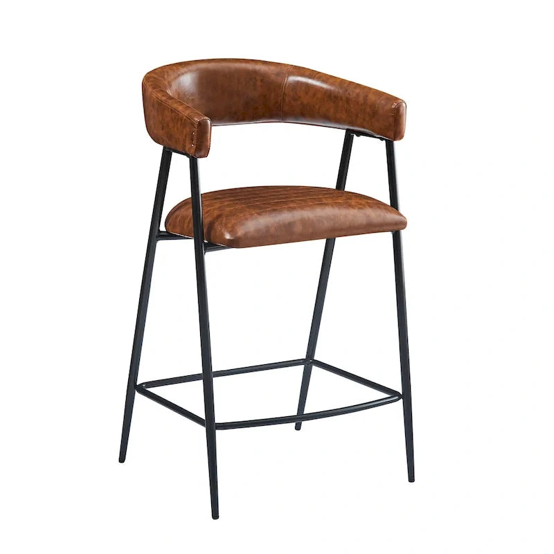 26 tabourets de comptoir rembourrés en polyuréthane, lot de 2 chaises de bar avec structure en fer, dossier, repose-pieds et accoudoirs, marron