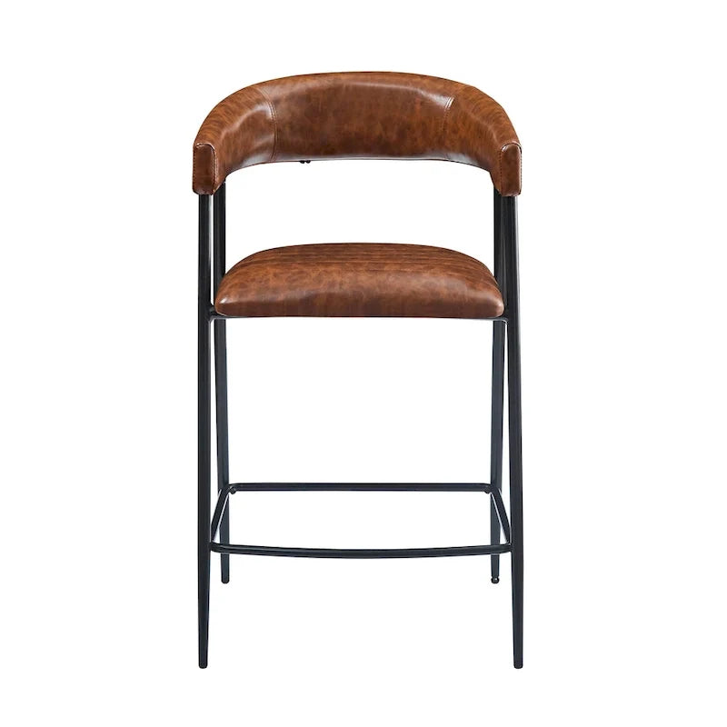 26 tabourets de comptoir rembourrés en polyuréthane, lot de 2 chaises de bar avec structure en fer, dossier, repose-pieds et accoudoirs, marron