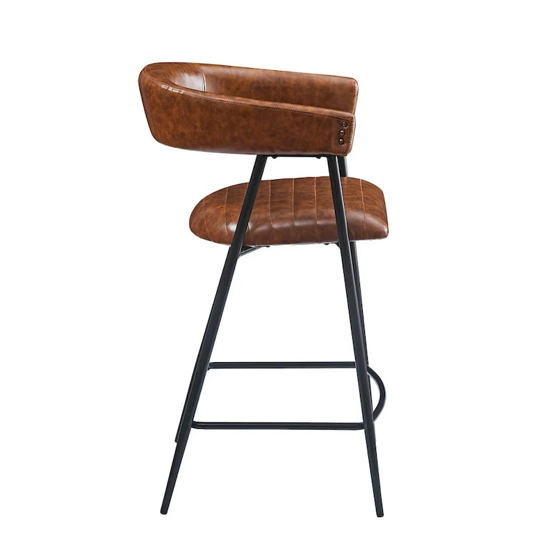 26 tabourets de comptoir rembourrés en polyuréthane, lot de 2 chaises de bar avec structure en fer, dossier, repose-pieds et accoudoirs, marron