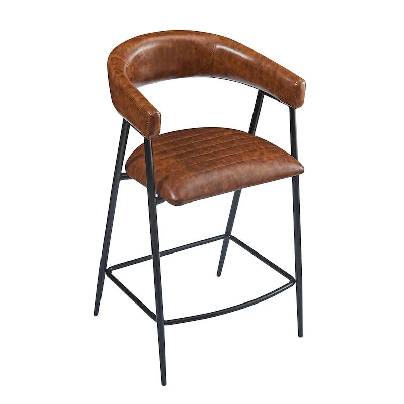 26 tabourets de comptoir rembourrés en polyuréthane, lot de 2 chaises de bar avec structure en fer, dossier, repose-pieds et accoudoirs, marron