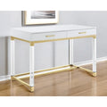 48 Bureau blanc transparent et doré en bois, acrylique et acier inoxydable avec deux tiroirs
