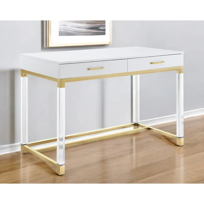 HomeRoots 48 White Clear and Gold Wood Acrylic and Stainless Steel Writing Desk With Two Drawers