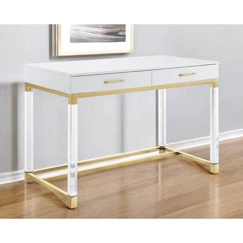 HomeRoots 48 White Clear and Gold Wood Acrylic and Stainless Steel Writing Desk With Two Drawers