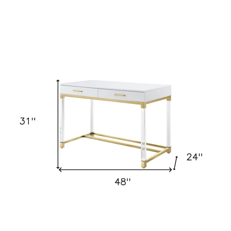 48 Bureau blanc transparent et doré en bois, acrylique et acier inoxydable avec deux tiroirs