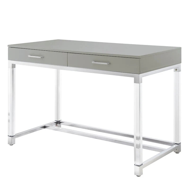 48 Bureau blanc transparent et doré en bois, acrylique et acier inoxydable avec deux tiroirs