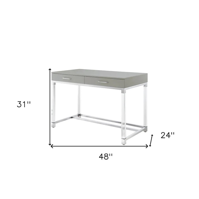 48 Bureau blanc transparent et doré en bois, acrylique et acier inoxydable avec deux tiroirs