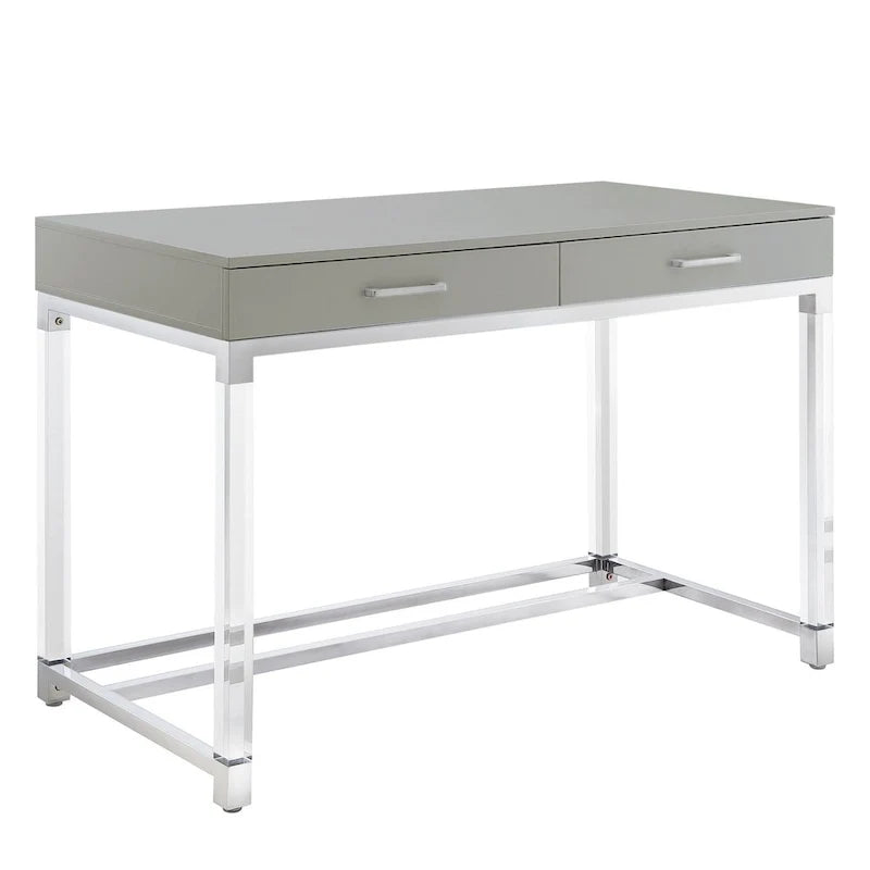 48 Bureau blanc transparent et doré en bois, acrylique et acier inoxydable avec deux tiroirs