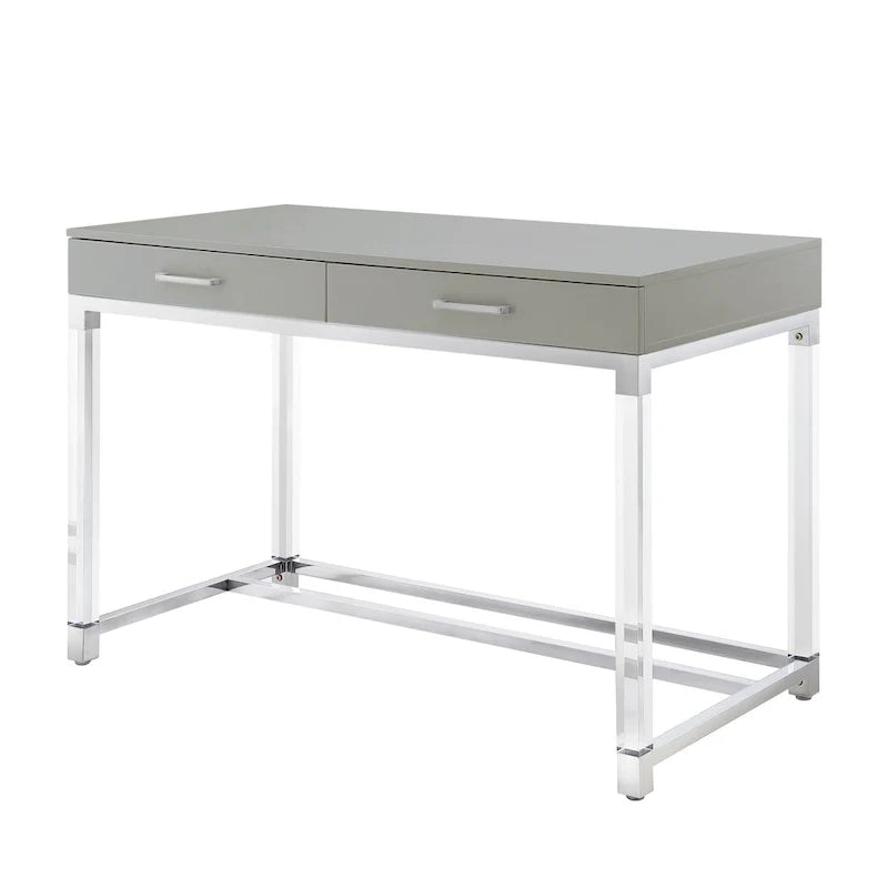 48 Bureau blanc transparent et doré en bois, acrylique et acier inoxydable avec deux tiroirs