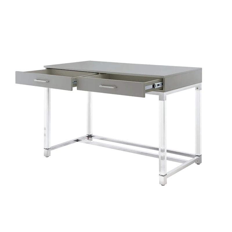 48 Bureau blanc transparent et doré en bois, acrylique et acier inoxydable avec deux tiroirs