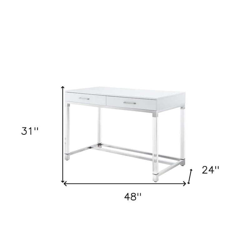 48 Bureau blanc transparent et doré en bois, acrylique et acier inoxydable avec deux tiroirs