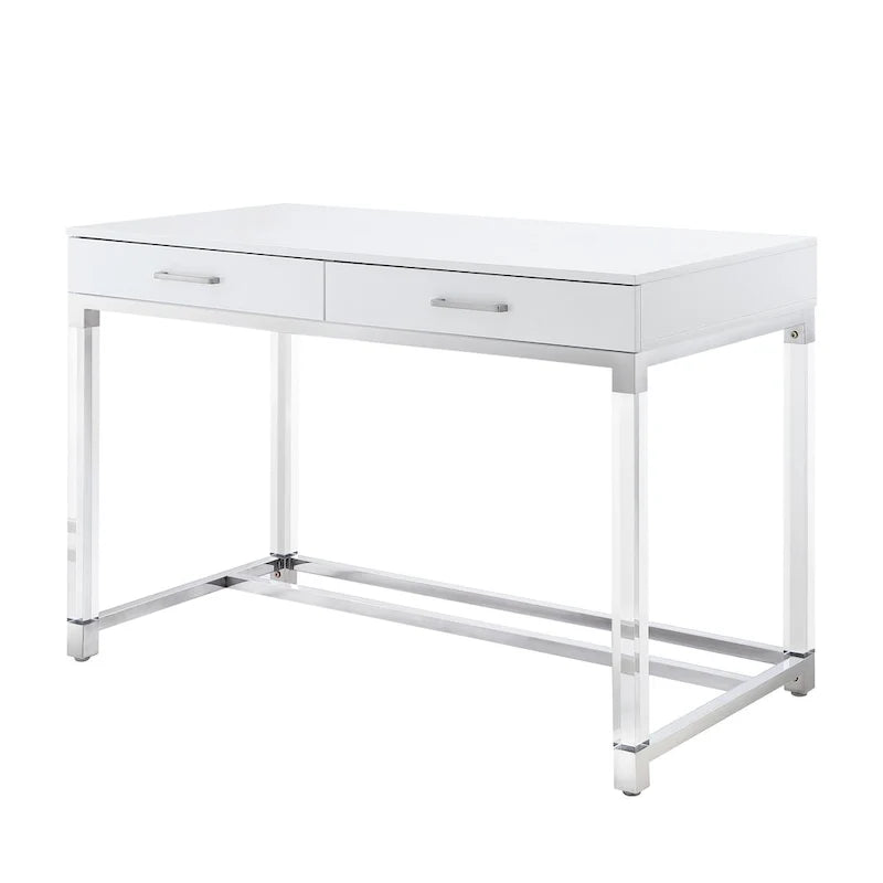 48 Bureau blanc transparent et doré en bois, acrylique et acier inoxydable avec deux tiroirs