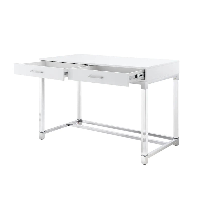 48 Bureau blanc transparent et doré en bois, acrylique et acier inoxydable avec deux tiroirs