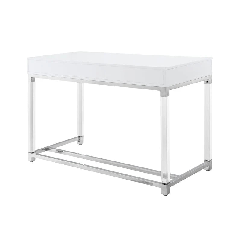 48 Bureau blanc transparent et doré en bois, acrylique et acier inoxydable avec deux tiroirs