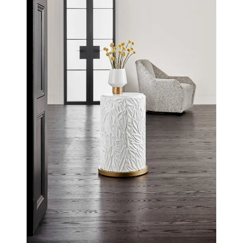 Table d'appoint à plateau en quartz de 40 cm de diamètre - Motif feuilles blanches et dorées