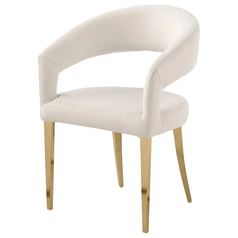 Lot de 2 chaises de salle à manger, dossier ouvert incurvé, pieds dorés, tissu blanc
