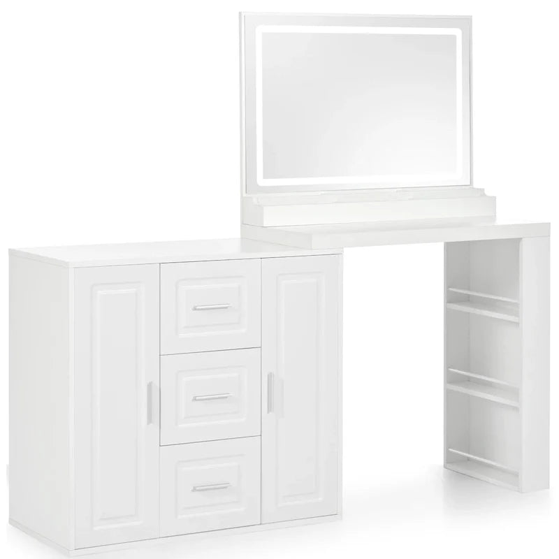 Vanity Desk with Mirror and Lights, Dressing Table with 3 Drawers and 2 Cabinets, Makeup Table with Storage Shelves