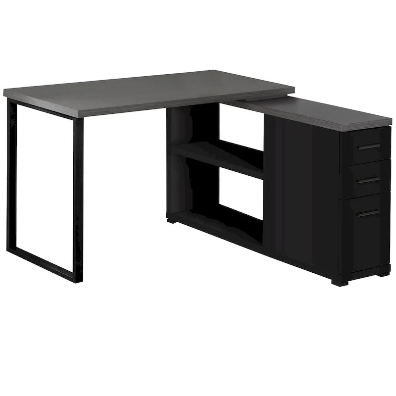 Grey Wood L-Shaped Computer Desk with Drawers and Metal Pedestal Base