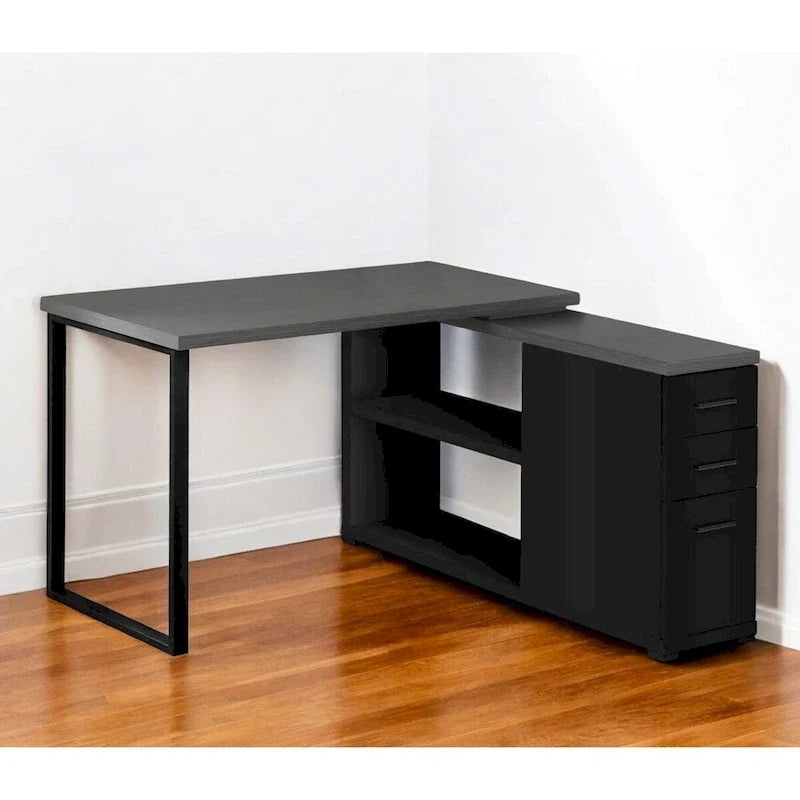 Bureau d'ordinateur en L en bois gris avec tiroirs et piètement en métal
