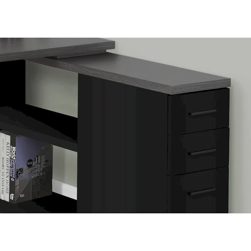 Bureau d'ordinateur en L en bois gris avec tiroirs et piètement en métal