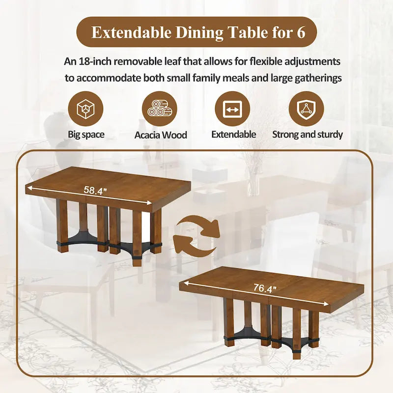 Ensemble de salle à manger rustique 7 pièces avec table extensible et 6 chaises