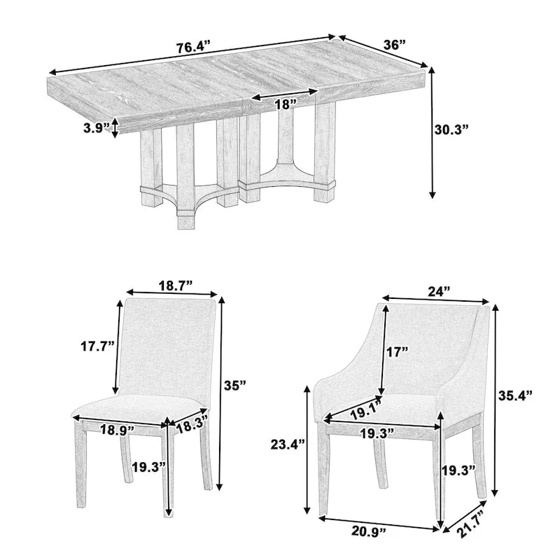 Ensemble de salle à manger rustique 7 pièces avec table extensible et 6 chaises