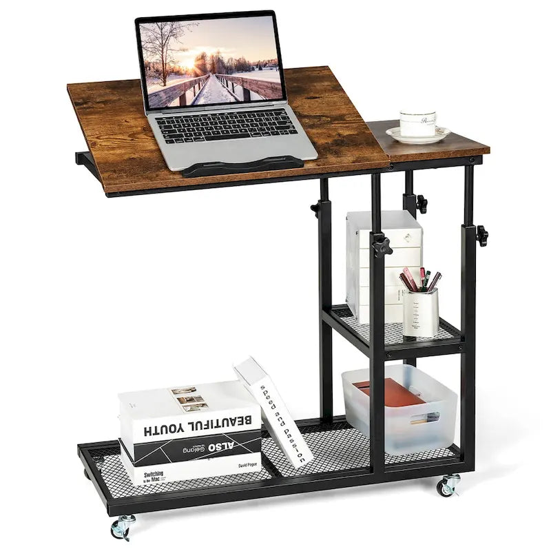 C Shaped End Table Height Adjustable Mobile Couch Desk with Wheels