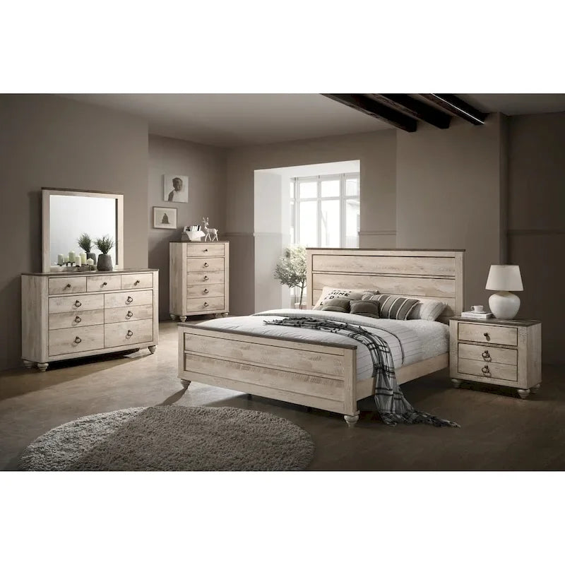 Roundhill Furniture Imerland Contemporary White Wash Finish 5-Piece Bedroom Set, Queen