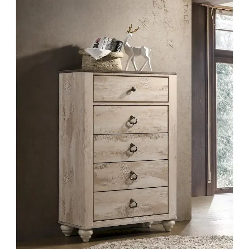 Ensemble de chambre 5 pièces Queen au fini blanc délavé contemporain