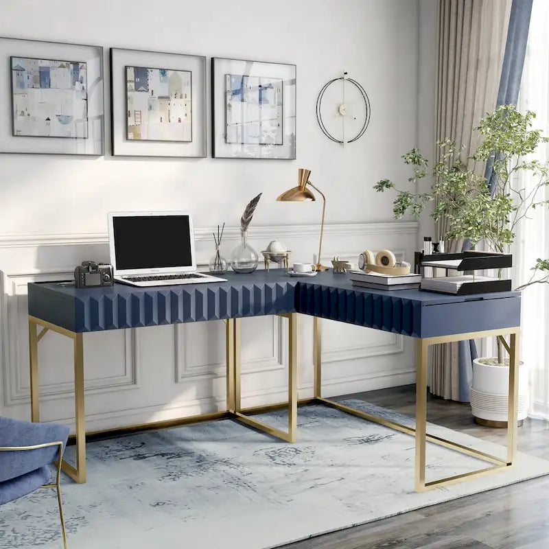 Bureau d'ordinateur d'angle à plateau relevable en métal Glam avec ports USB