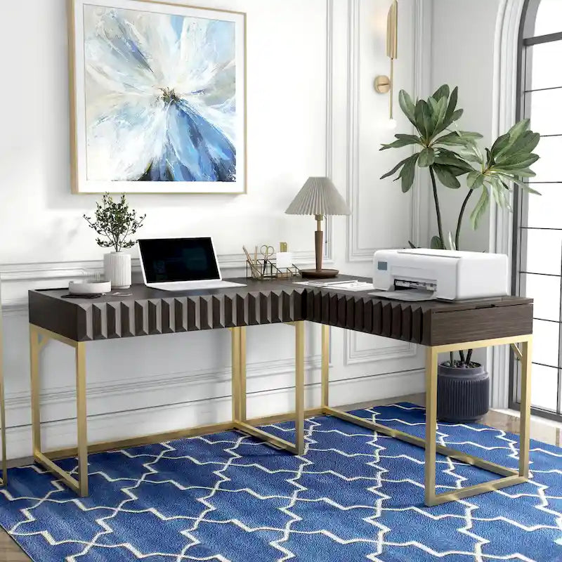 Bureau d'ordinateur d'angle à plateau relevable en métal Glam avec ports USB