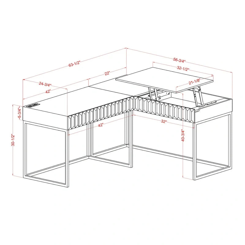 Bureau d'ordinateur d'angle à plateau relevable en métal Glam avec ports USB