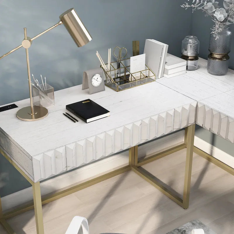 Bureau d'ordinateur d'angle à plateau relevable en métal Glam avec ports USB