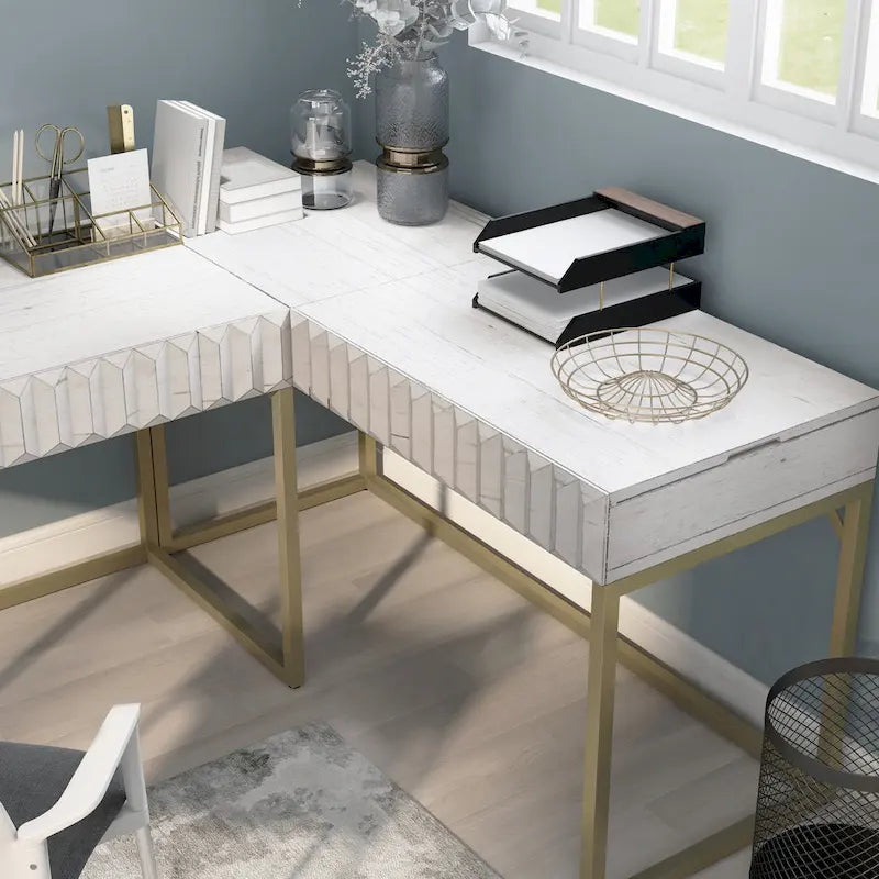 Bureau d'ordinateur d'angle à plateau relevable en métal Glam avec ports USB