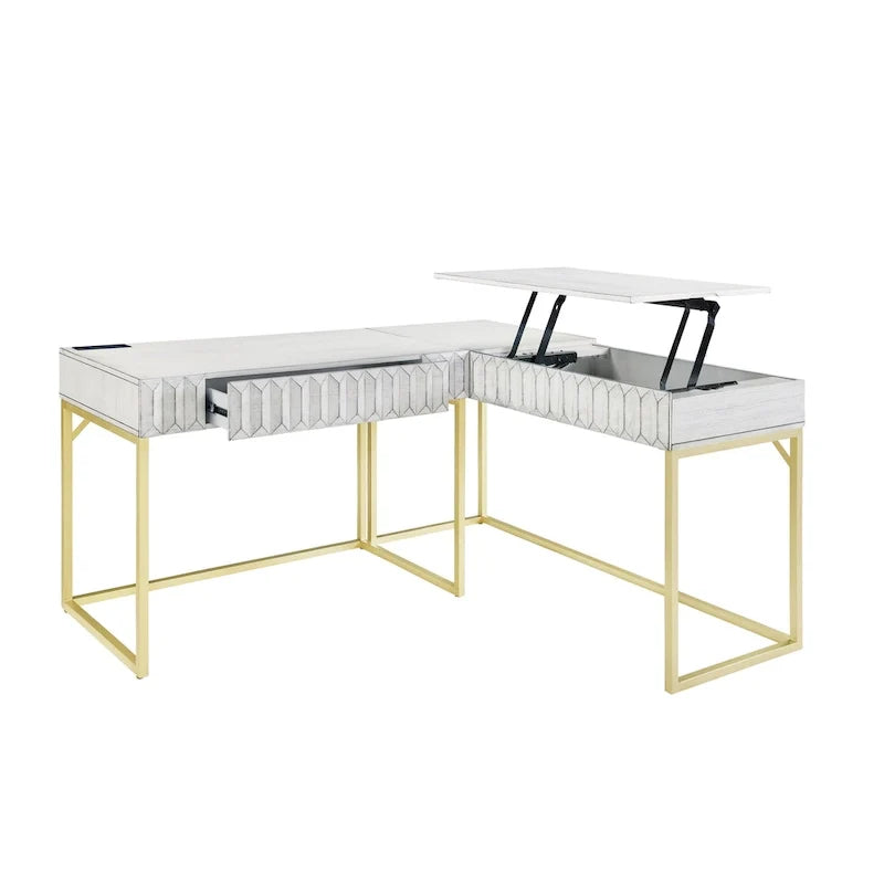 Bureau d'ordinateur d'angle à plateau relevable en métal Glam avec ports USB