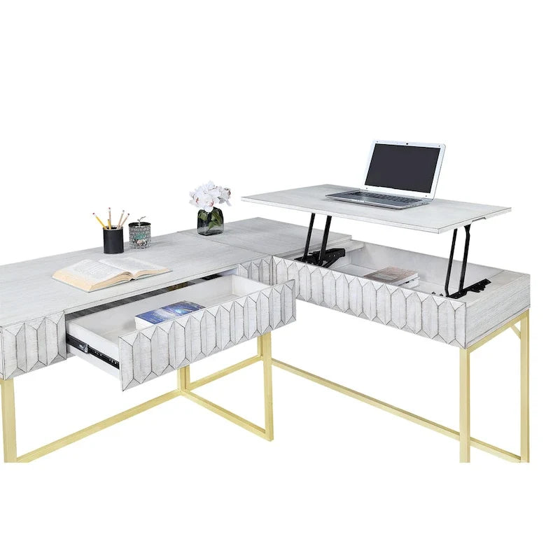 Bureau d'ordinateur d'angle à plateau relevable en métal Glam avec ports USB