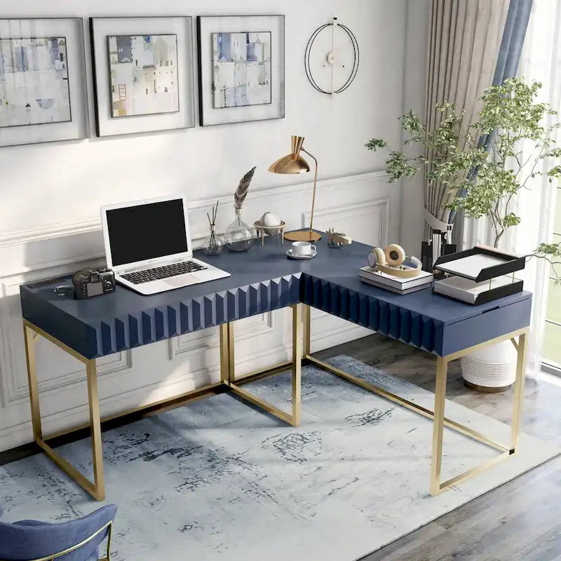 Bureau d'ordinateur d'angle à plateau relevable en métal Glam avec ports USB